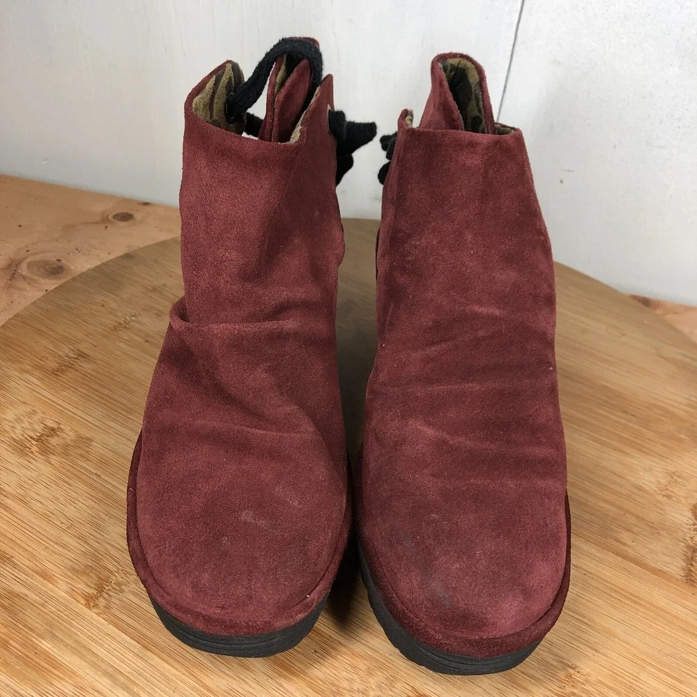 Fly London Shoes 39 Womens 8 Yebi Ankle Boots Red Suede Tie Casual Wedge